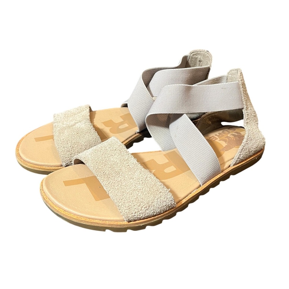 Sorel Ella II Sandal Womens 5 Tan Suede Elastic Strap Casual Flat Scalloped Sole